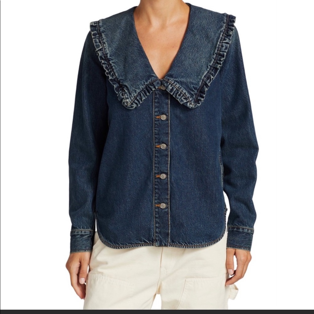 EUC GANNI Ruffle-Collar Denim Shirt Sz 38/6